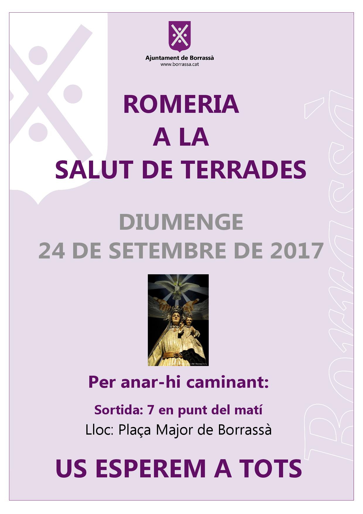La Romeria a la Salut de Terrades es farà el diumenge 24 de setembre. Per anar-hi caminat, se sortirà a les 7 en punt del matí des de la plaça Major de Borrassà.